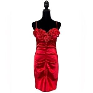 Blondie Nites Red Satin Ruched Rosette Rhinestone Juniors Dress Size-5 NWT